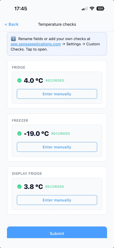 Sense Lite temperature checks screen